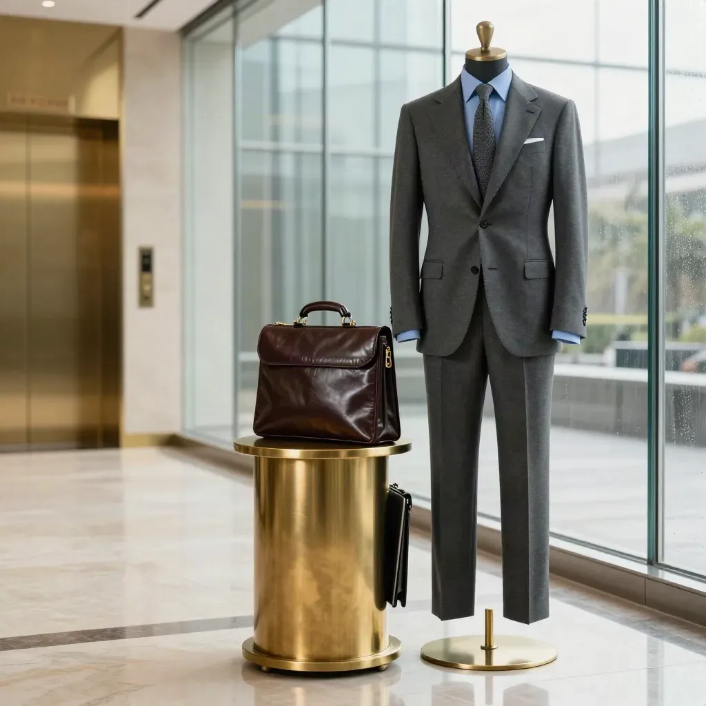 Charcoal suit with blue shirt, knit tie, briefcase and laptop bag in a glass lobby at sunrise.