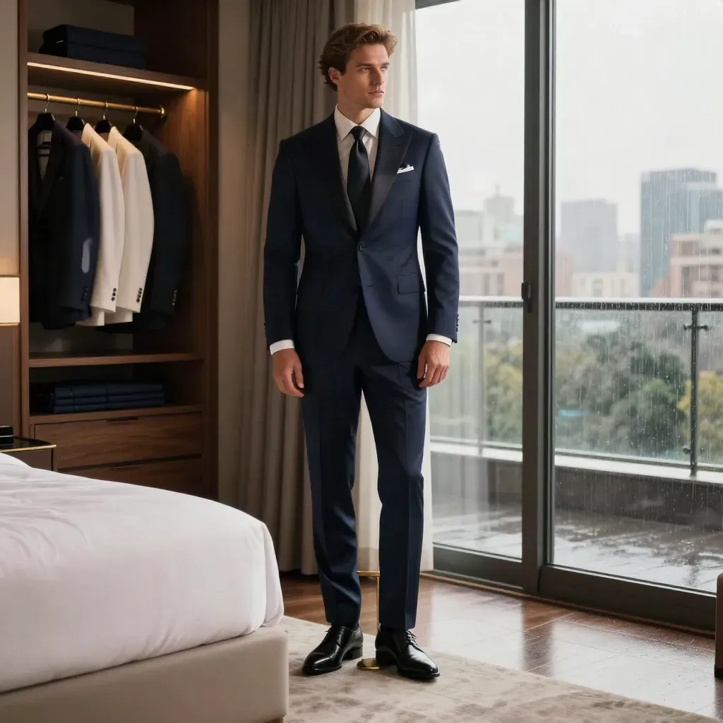 Navy suit staged in a rainlit hotel suite with shoes, wardrobe, and city glow.