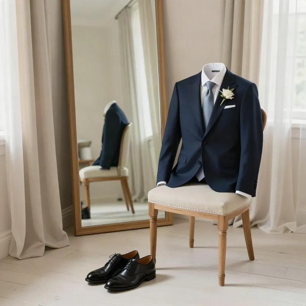 Navy groom's suit, white shirt, muted tie and oxfords in a dawn-lit bridal suite.