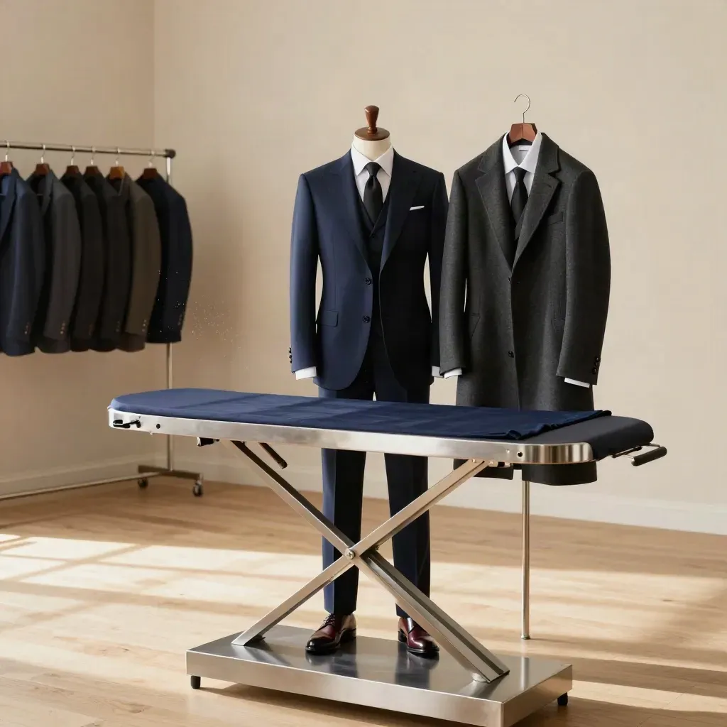 Deep navy three-piece suit with overcoat, freshly pressed in a warm atelier under a lamp beam.