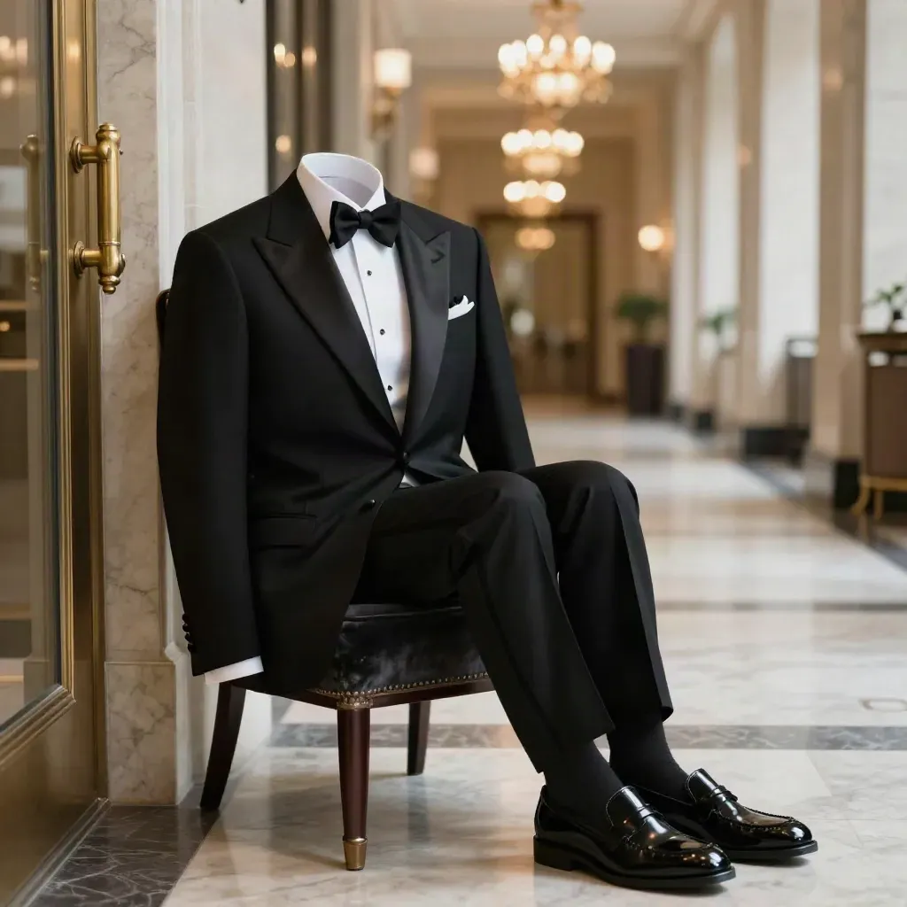 Tuxedo draped on a chair in a marble hotel lobby after a gala, chandeliers glowing softly.