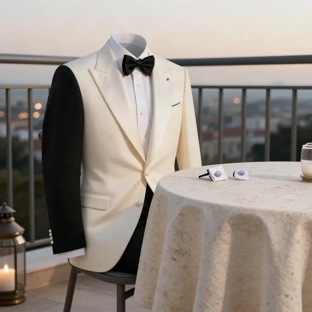 Ivory dinner jacket and formalwear on a travertine terrace at dusk with city lights