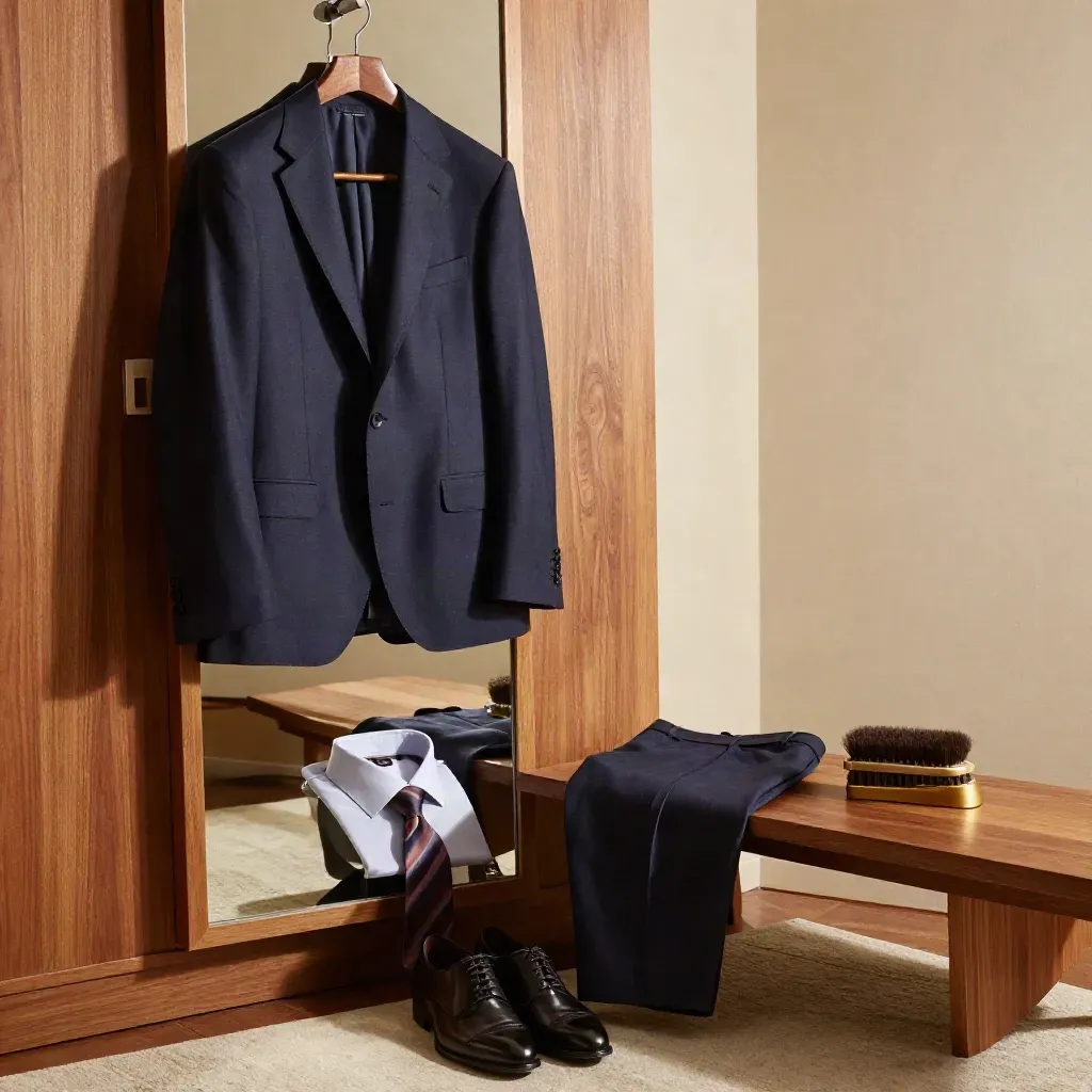 Navy suit jacket, trousers, shirt, tie, shoes and brush in a warm fitting room