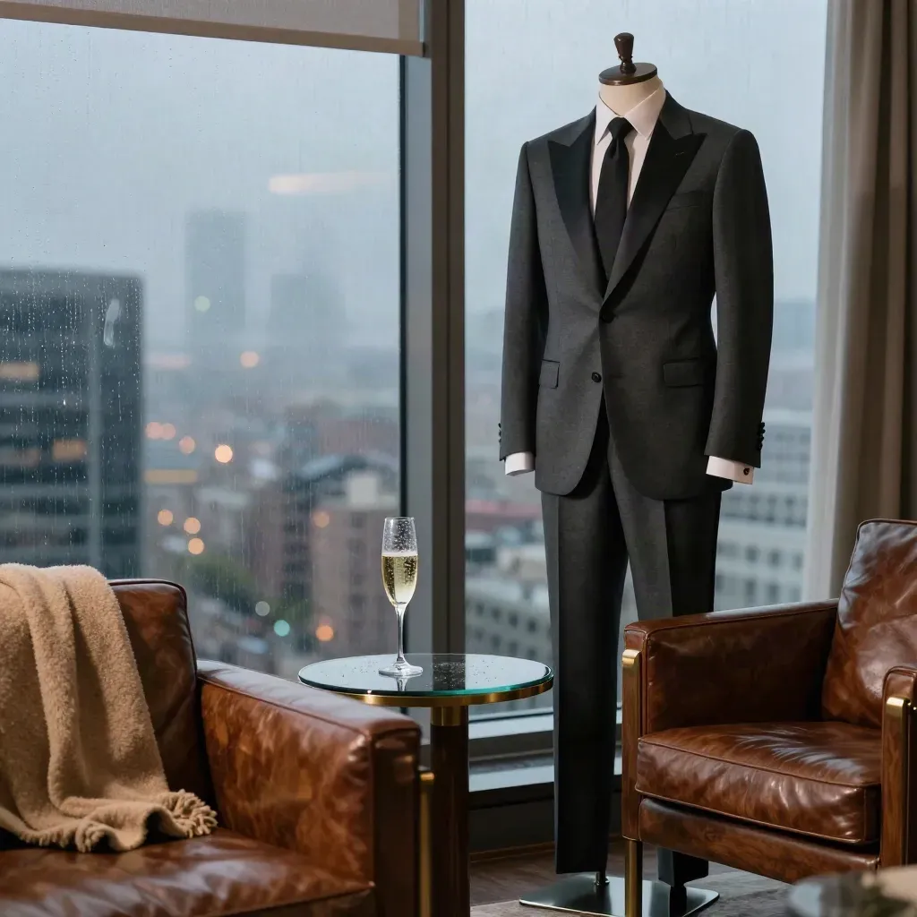 Charcoal tuxedo ensemble beside a champagne flute in a rain-streaked penthouse lounge at blue hour.