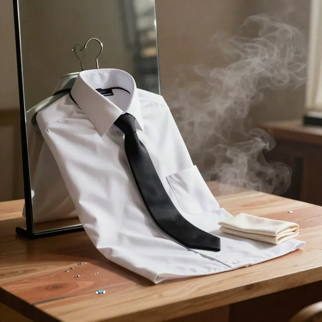 White dress shirt steaming on a tailor’s table with tie, pocket square, mirror and collar stays case.
