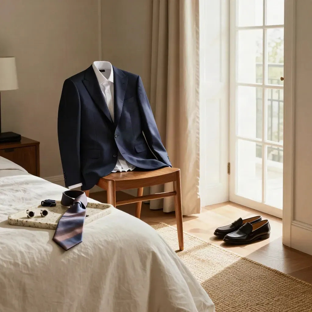 Navy suit laid out in a townhouse bedroom with shirt, tie, loafers, and open window light.
