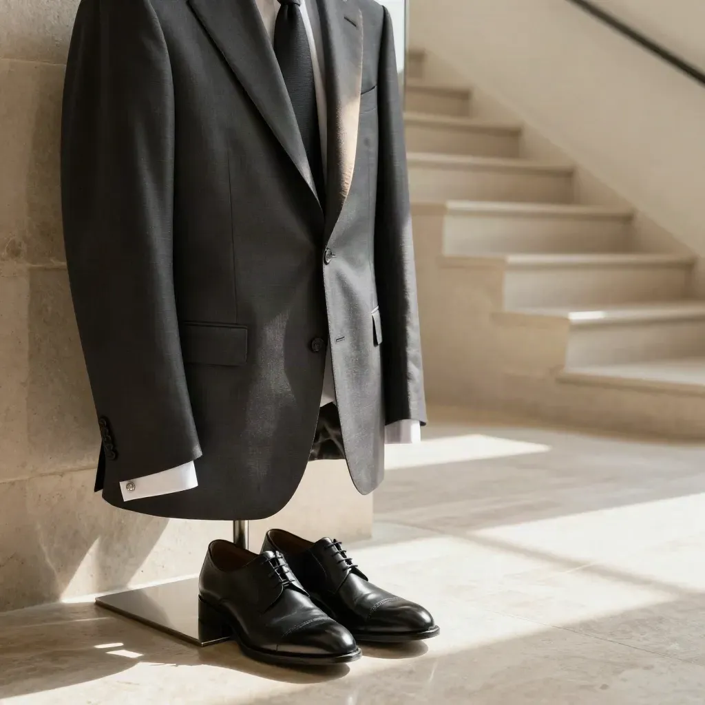 Midnight suit on a valet stand in a stone foyer with stairs, mirror, and polished shoes.