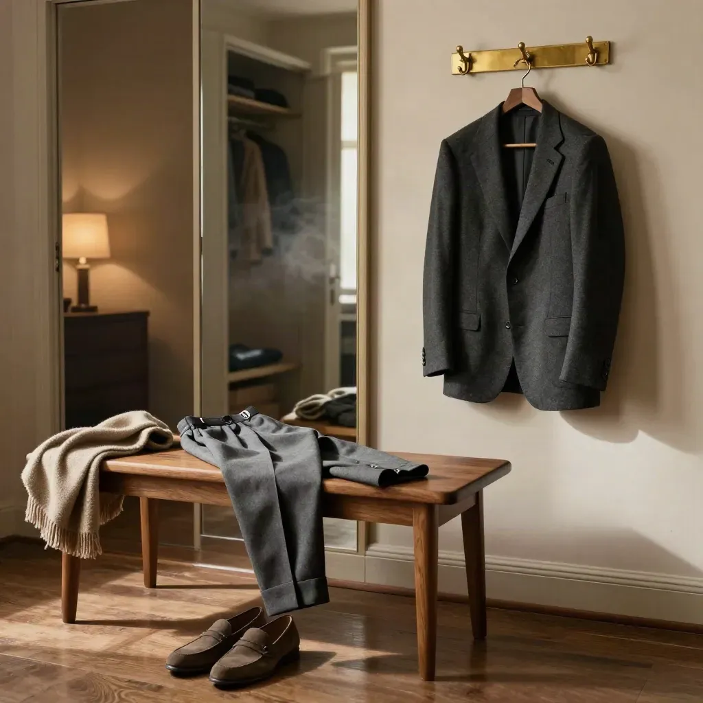 Charcoal blazer, grey trousers, cufflinks and loafers in a sunlit dressing room