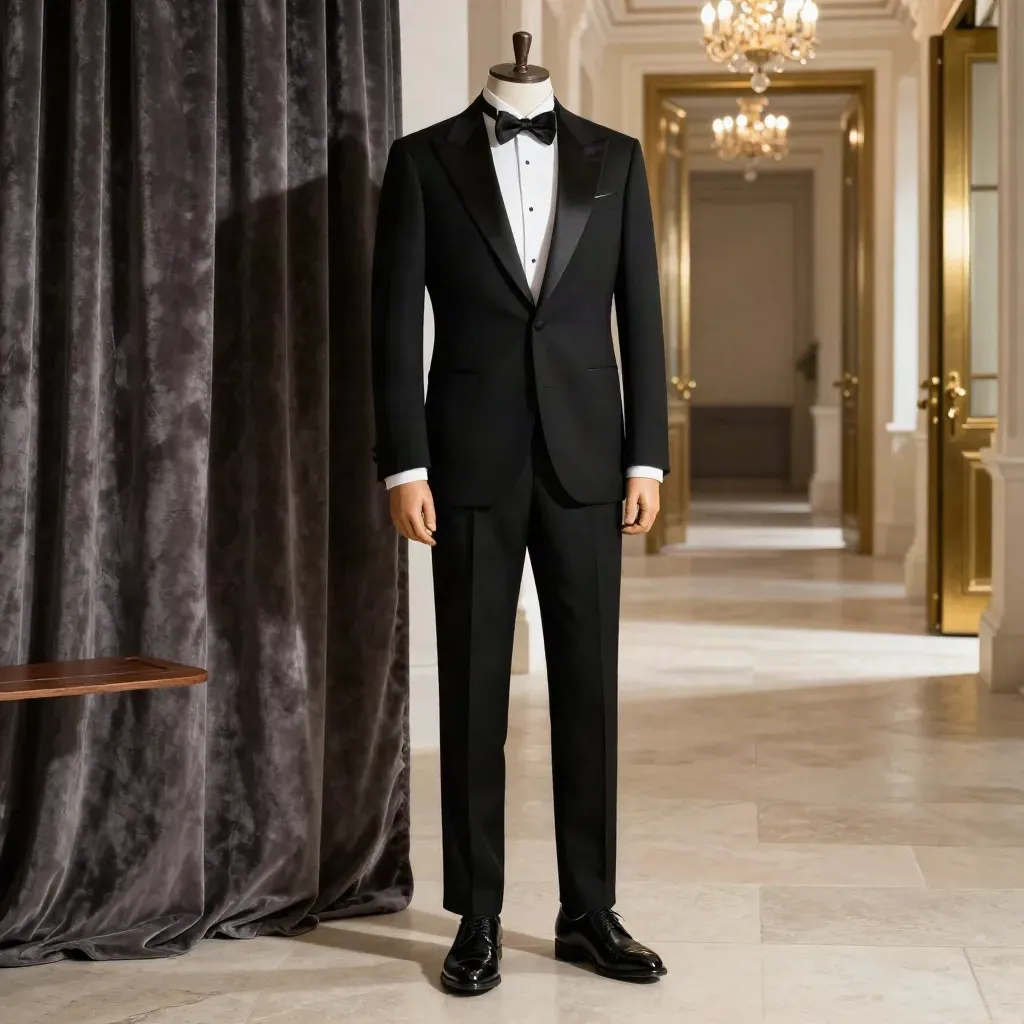 Slim black tuxedo with white shirt, bow tie, and patent shoes in a gala suite by drapes and a lit hall.