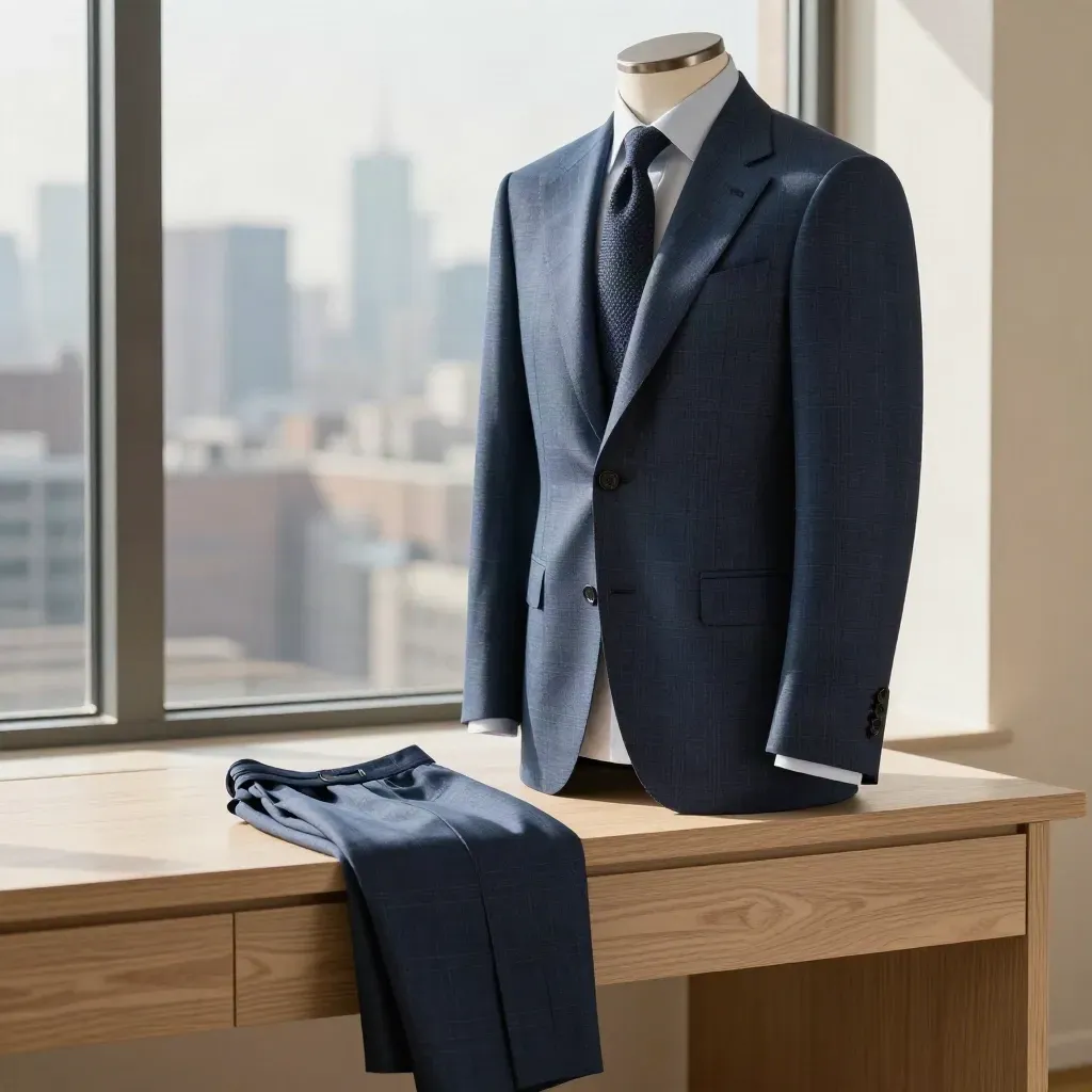 Blue windowpane suit draped by a city window in morning light