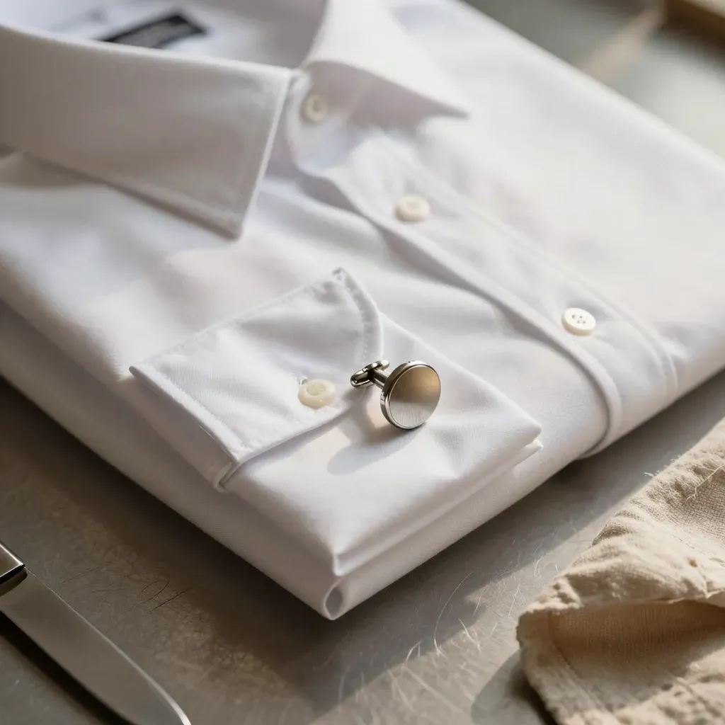 Macro of folded French cuff shirts with cufflinks and collar stays on a cutting table.