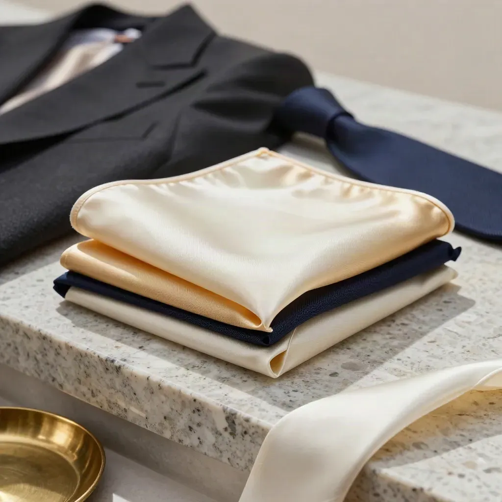 Ivory, gold, and navy pocket squares beside a lapel and tie on travertine with a brass dish