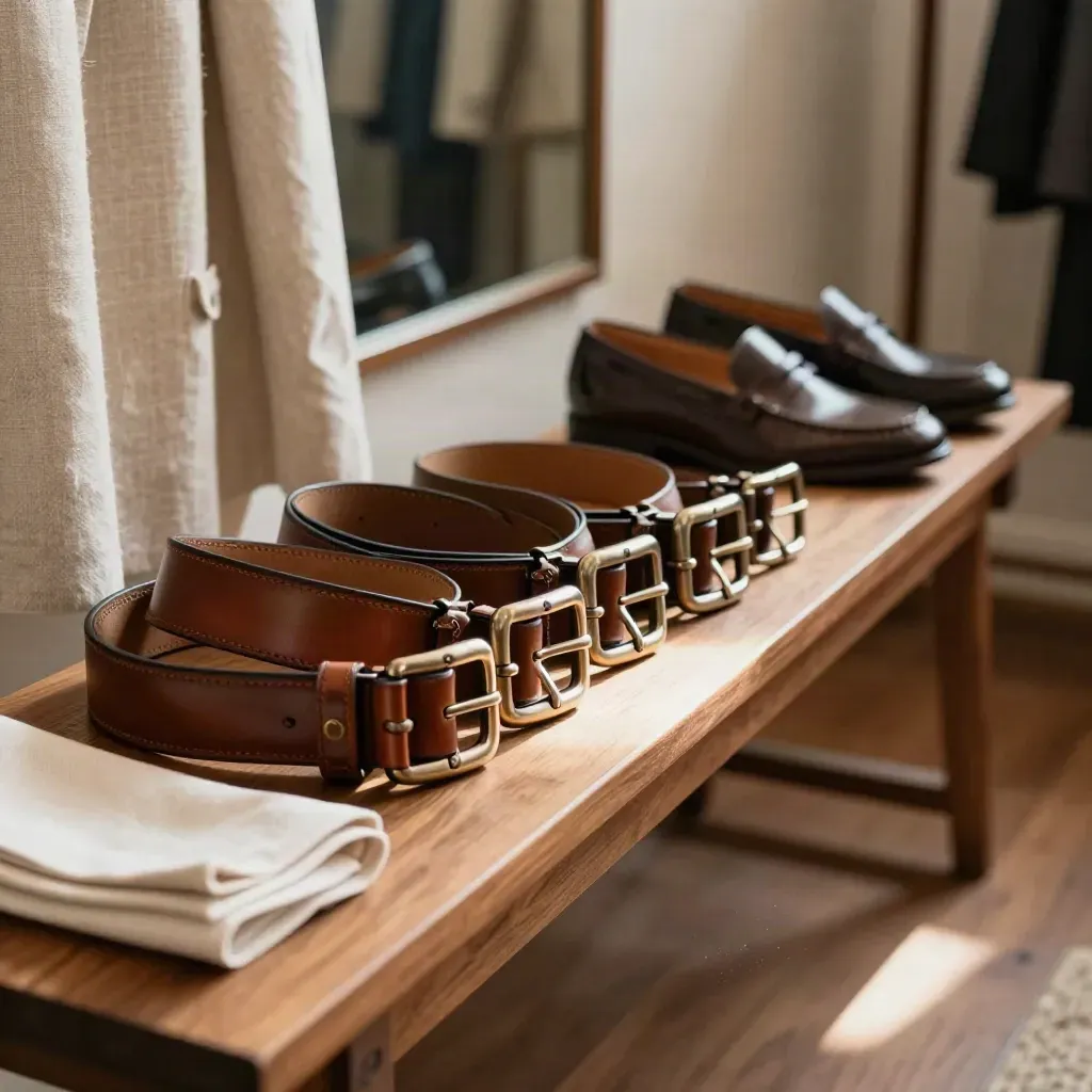 Leather belts, cloth, and loafers arranged on a bench in a warm fitting room