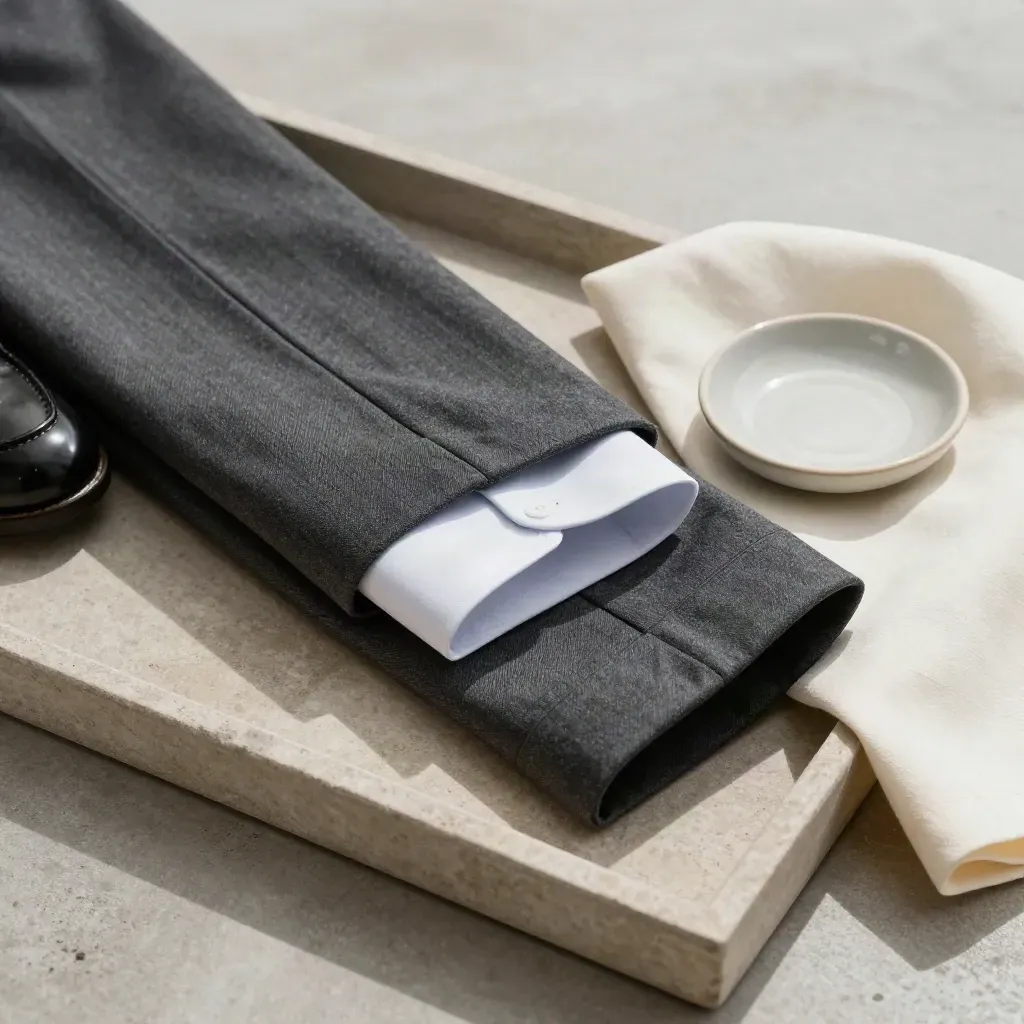 Tailored cuff, trouser hem, shirt cuff and loafer toe on a stone tray with cloth and dish.