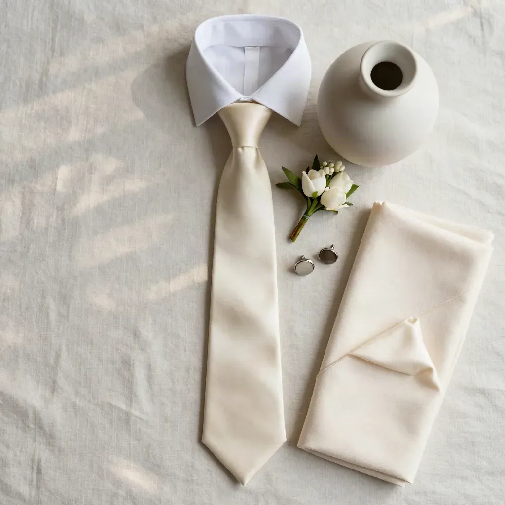 Overhead flatlay of ivory tie, cuff, pocket square, cufflinks and boutonniere on pale linen.