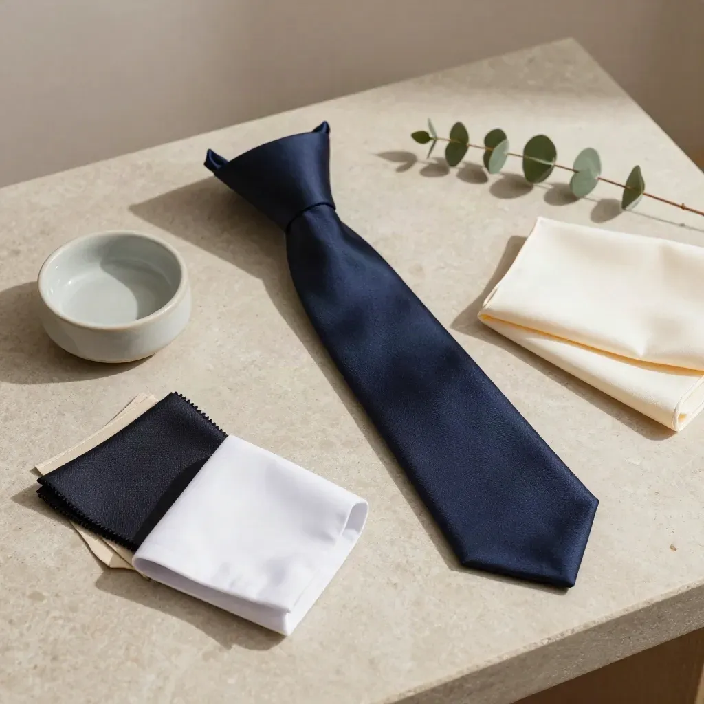 Navy tie with pocket square, shirt cuff, swatches, ceramic dish and greenery on stone