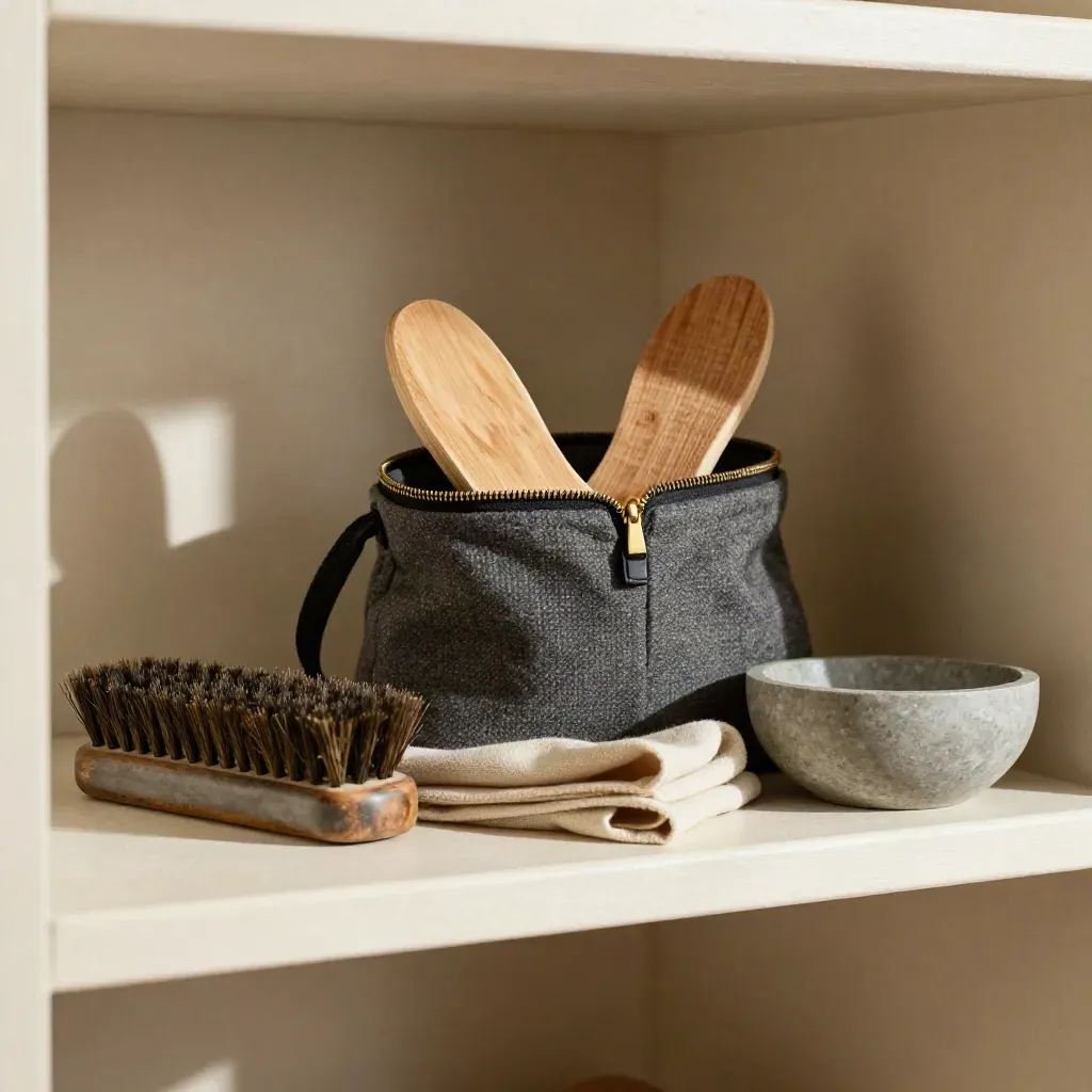 Closet-shelf still life of blazer care tools, cedar shoe trees, cloth and bowl in soft daylight